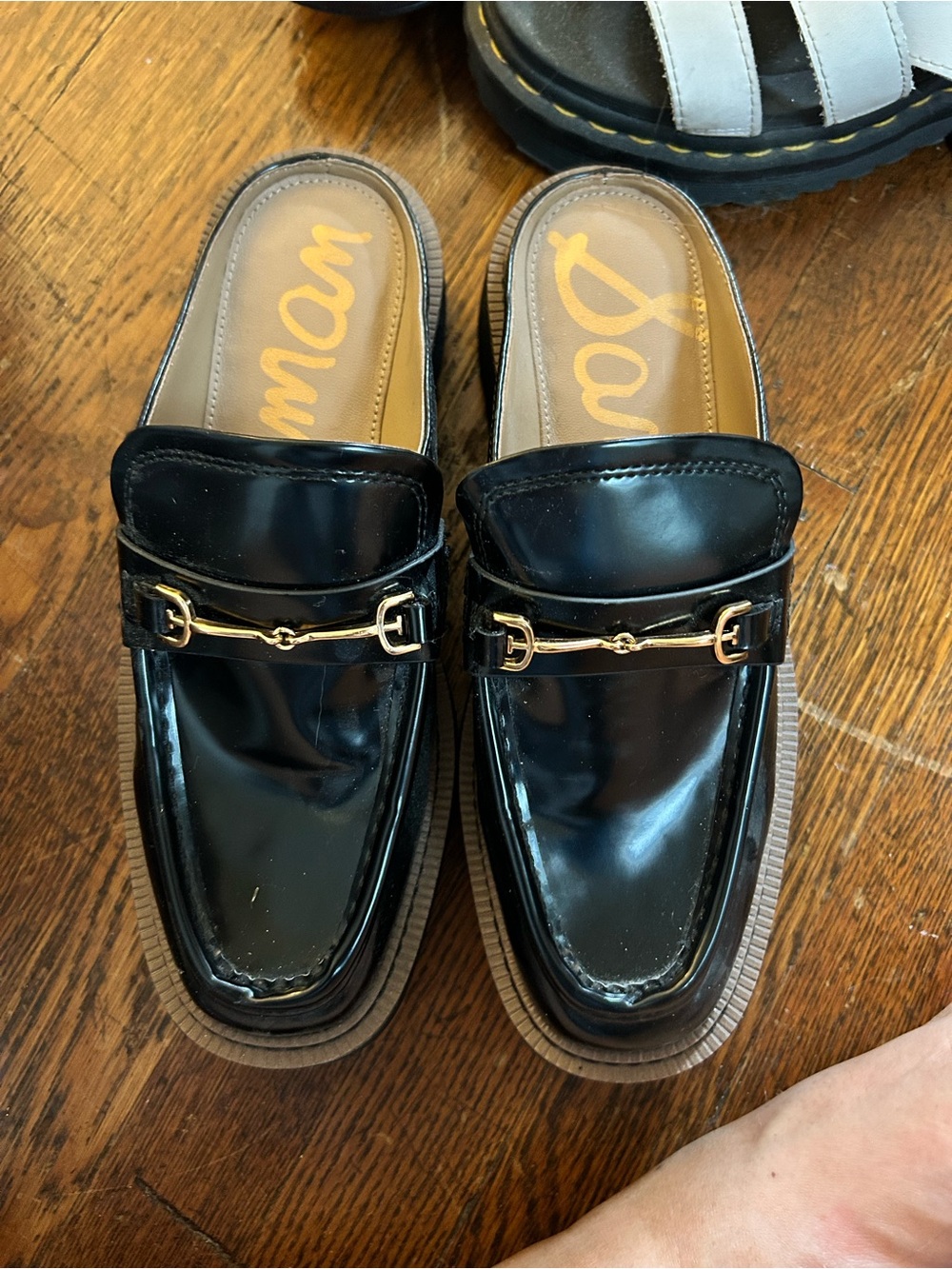 Sam Edelman Black Patent Slip-On Loafers with Gold Bit